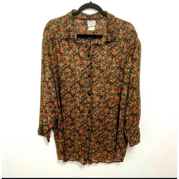 Vintage 80s David Alan Brown Dark Floral Chiffon Button Up Blouse Shirt Size 20W - Picture 2 of 10